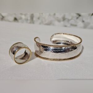 Thick 925 Sterling Silver Cuff Bracelet & Ring Set Gold Rope Trim Artisan Made